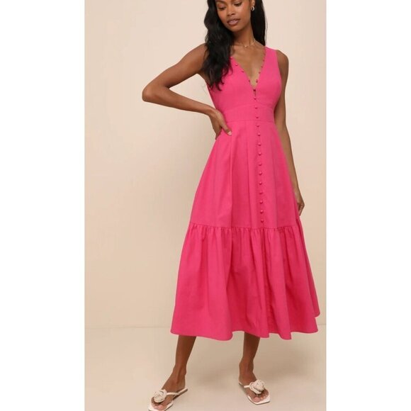 Lulus Blissful Afternoon Hot Pink Linen Tie-Back Midi Dress L Summer Lined - Picture 1 of 13